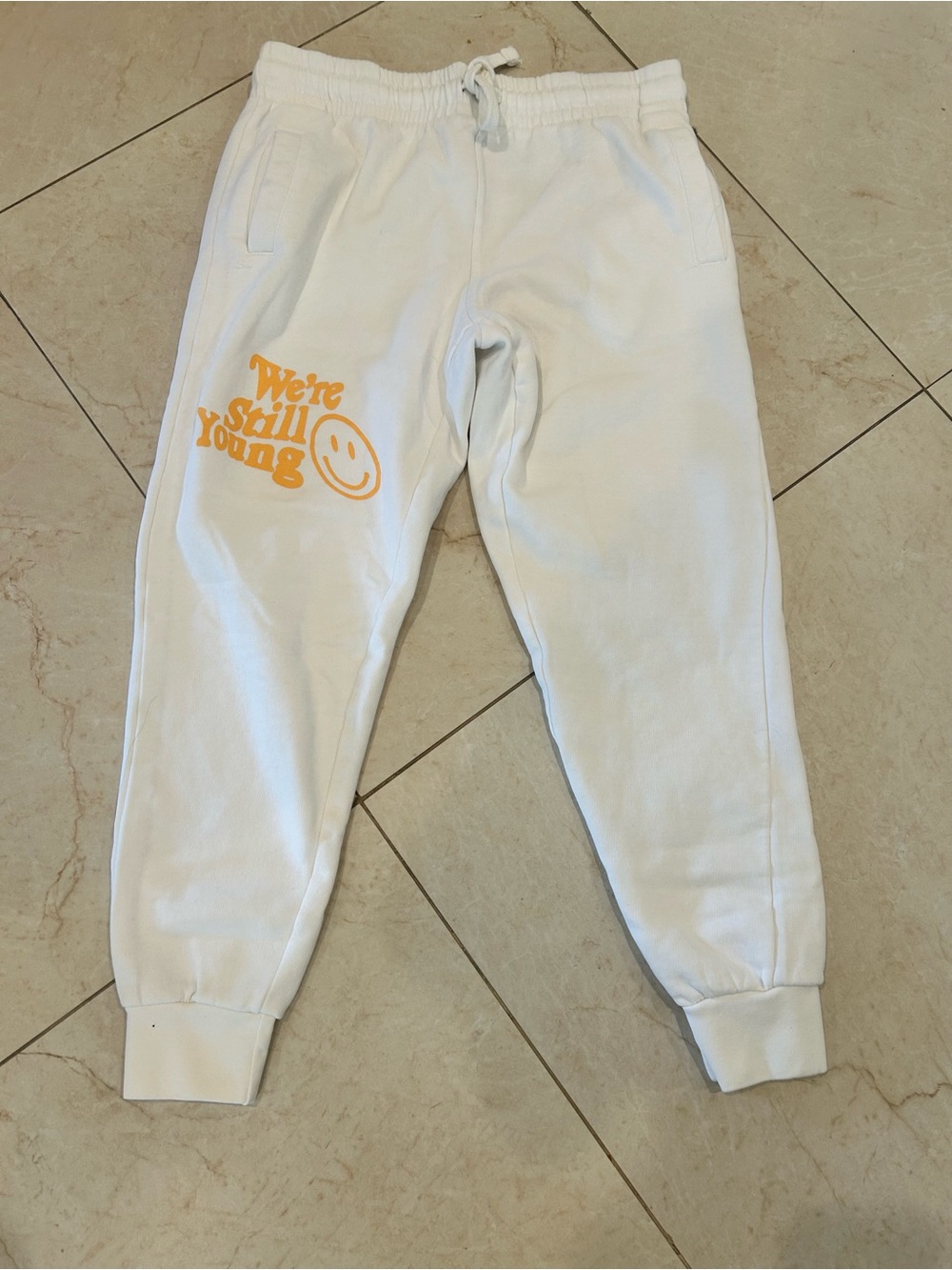 Women’s White Sweat Fanjoy Medium Joggers We are still young EUC